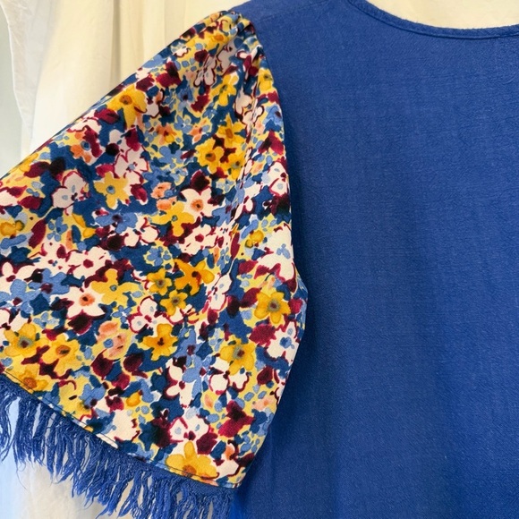 Hailey & Co Sz SM Blue Floral Linen Rayon Peplum Top Oversized Fit Boho Artsy - Picture 5 of 11